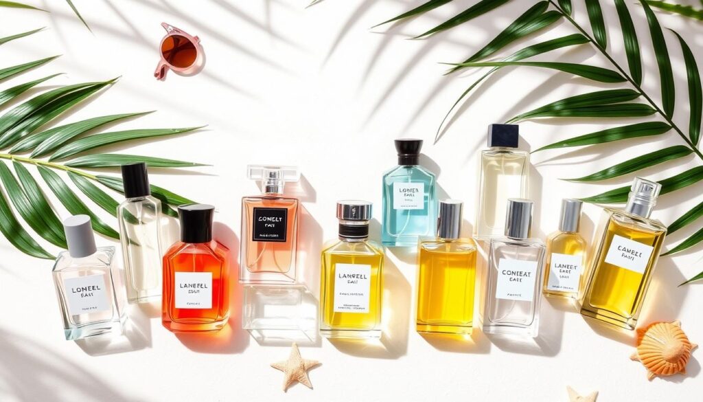 Collection of the best affordable summer perfumes under $50 arranged in a display
