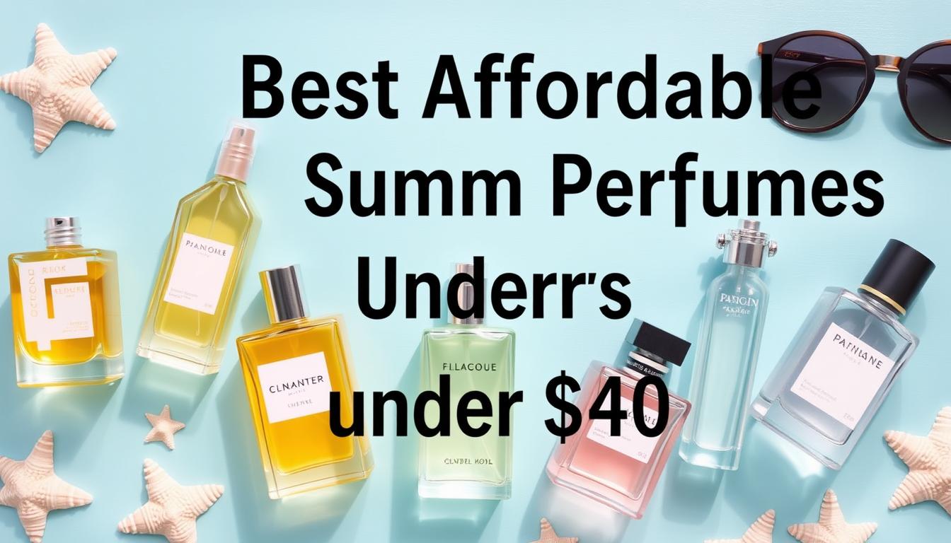 Various affordable summer perfumes under $50 displayed on a beach backdrop