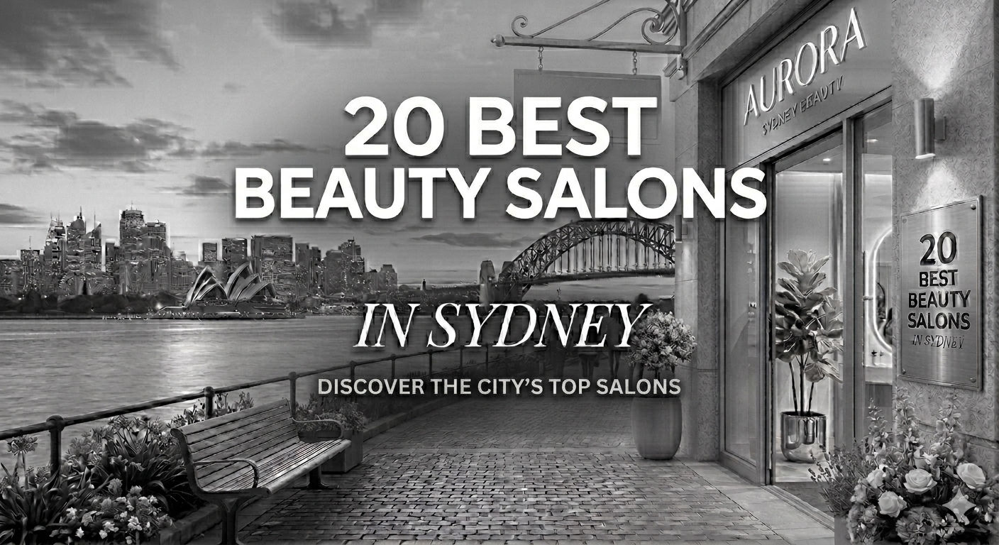 Banner promoting a list: '20 Best Beauty Salons in Sydney' with Sydney skyline, harbor, and a storefront on the right, in grayscale.